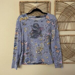 Vintage Escada Asian Dragon Floral‎ Print Blouse Top Blue Artsy *see msrmts B26
